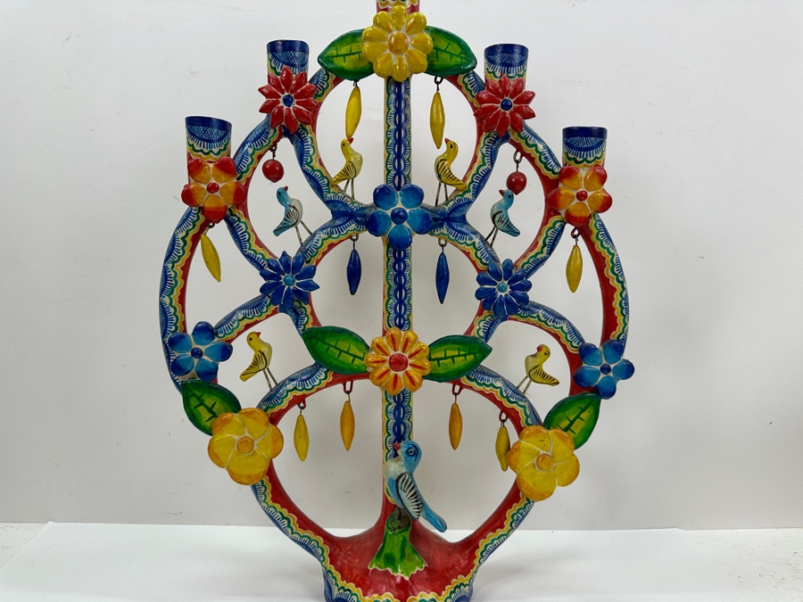 Mexican Folk Art Pottery Tree Of Life Candelabra 16W X 22H [Photo 9]