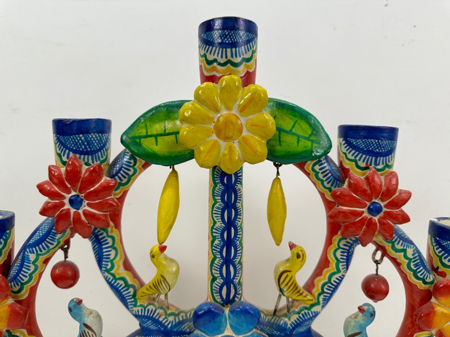 Mexican Folk Art Pottery Tree Of Life Candelabra 16W X 22H [Photo 3]