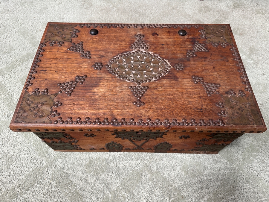 Vintage Wooden Zanzibar Chest Adorned With Brass 22.5W X 14D X 10H [Photo 2]
