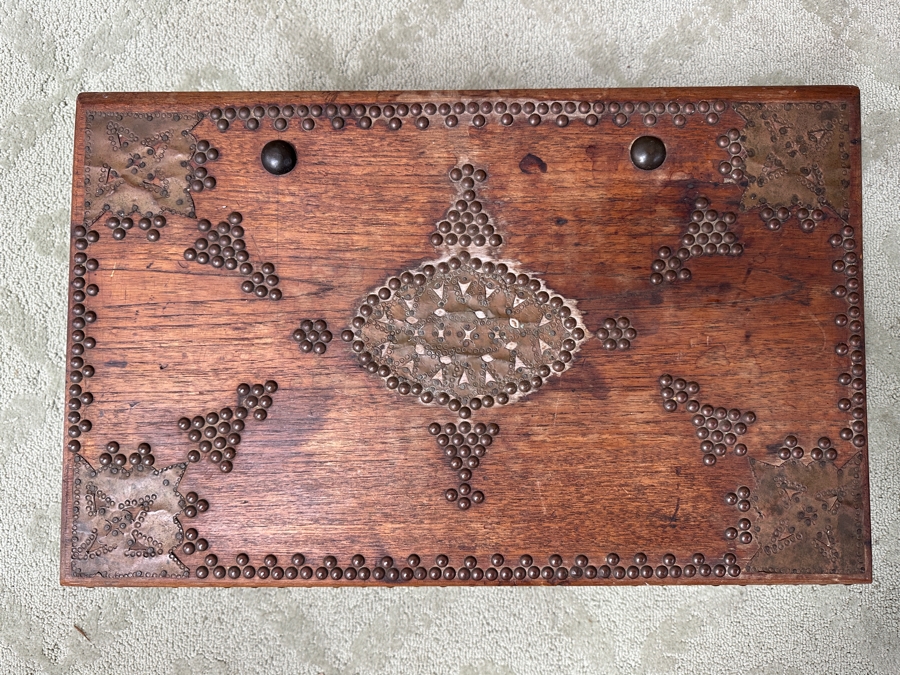 Vintage Wooden Zanzibar Chest Adorned With Brass 22.5W X 14D X 10H [Photo 4]