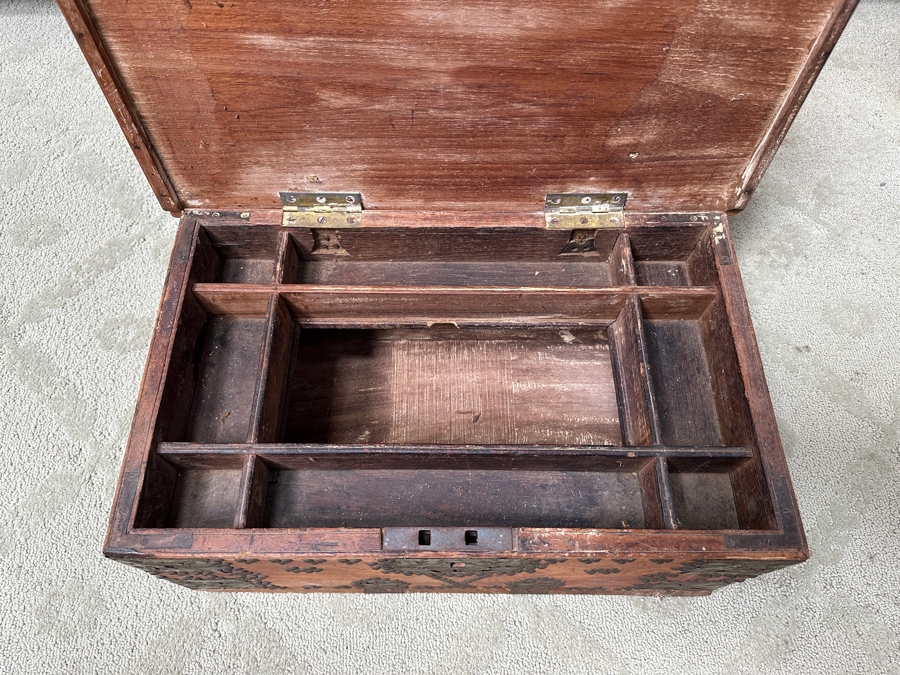 Vintage Wooden Zanzibar Chest Adorned With Brass 22.5W X 14D X 10H [Photo 6]