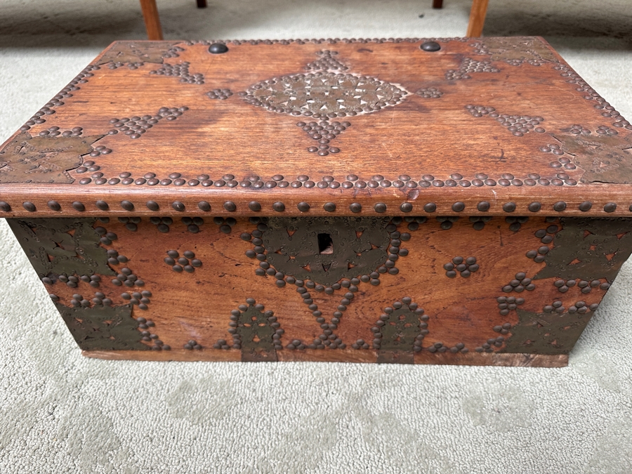 Vintage Wooden Zanzibar Chest Adorned With Brass 22.5W X 14D X 10H [Photo 3]
