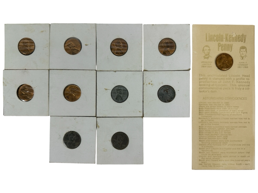 Collection Of Lincoln Pennies: (3) 1957 D, (1) 1956 D, (2) 1958 D, (4) 1943 S Steel Pennies And (1) Lincoln-Kennedy Penny