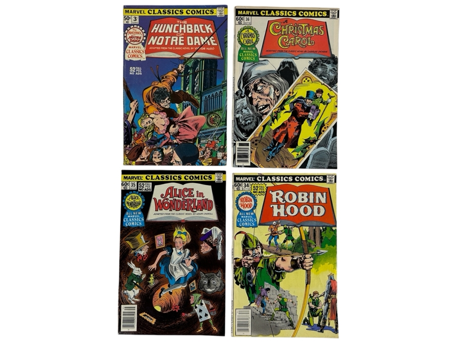 (4) Marvel Classics Comics: The Hunchback Of Notre Dame, A Christmas Carol, Alice In Wonderland & Robin Hood