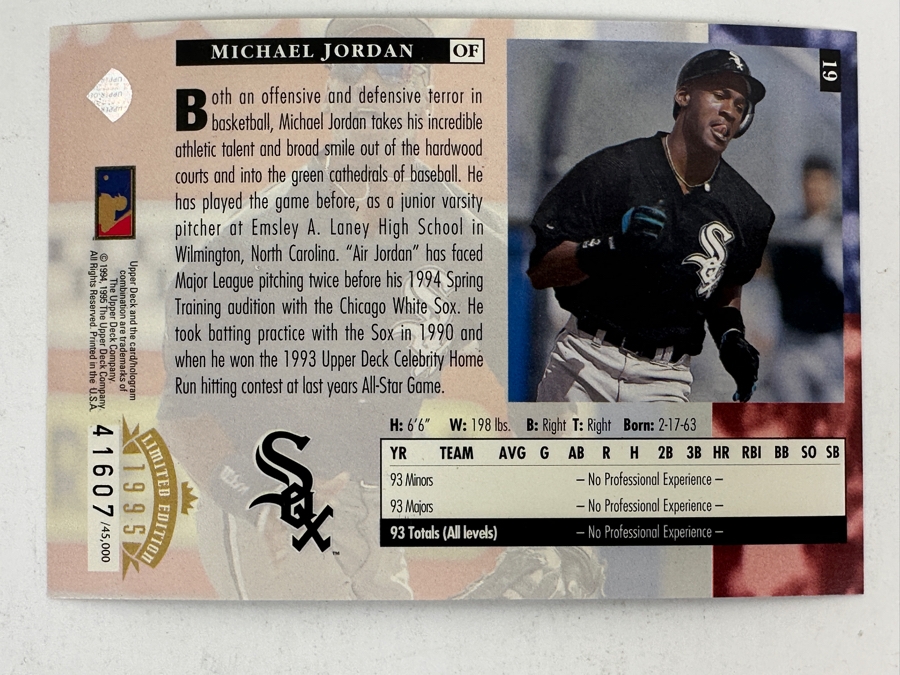 Limited Edition 1995 Upper Deck Oversized Michael Jordan Chicago White Sox Rookie MLB Baseball Card [Photo 3]