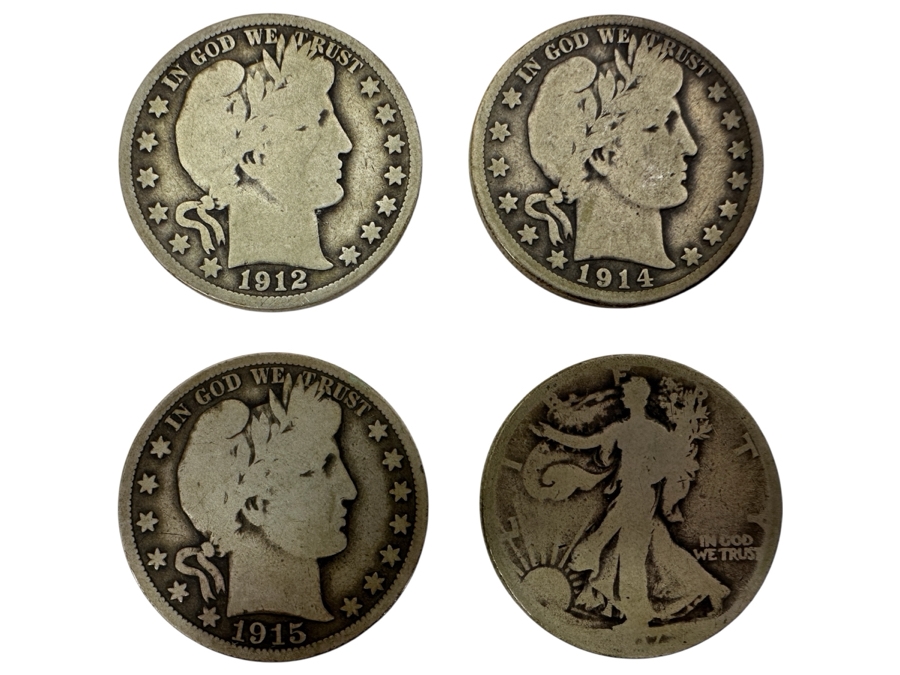(4) Antique Silver Half Dollars: 1912 Barber Half Dollar, 1914 Barber Half Dollar, 1915 Barber Half Dollar & Unknown Date Walking Liberty Half Dollar