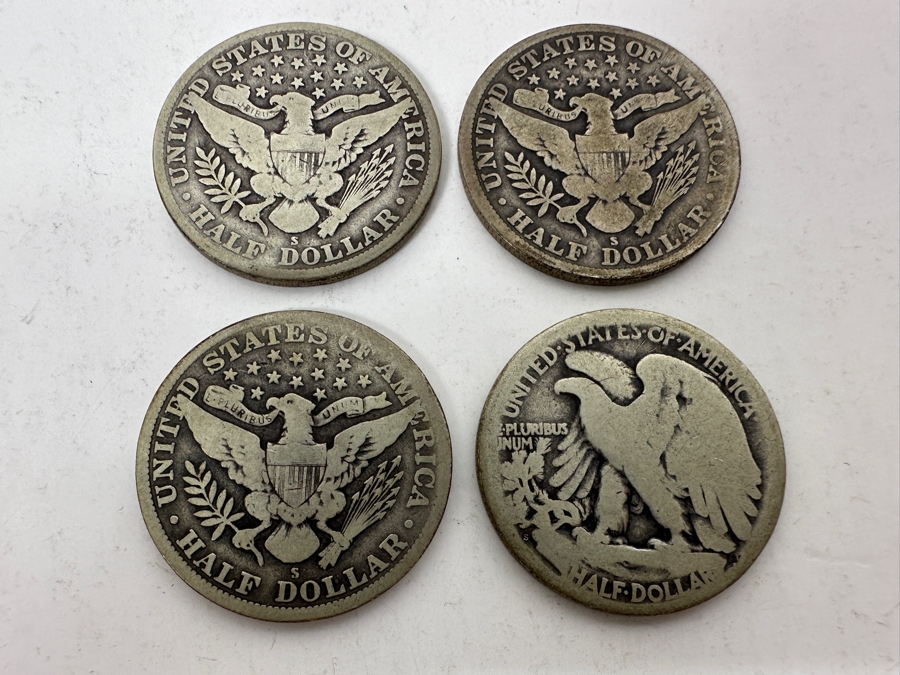 (4) Antique Silver Half Dollars: 1912 Barber Half Dollar, 1914 Barber Half Dollar, 1915 Barber Half Dollar & Unknown Date Walking Liberty Half Dollar [Photo 6]