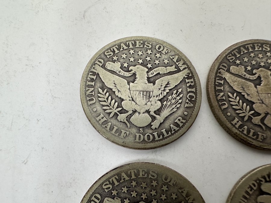 (4) Antique Silver Half Dollars: 1912 Barber Half Dollar, 1914 Barber Half Dollar, 1915 Barber Half Dollar & Unknown Date Walking Liberty Half Dollar [Photo 8]