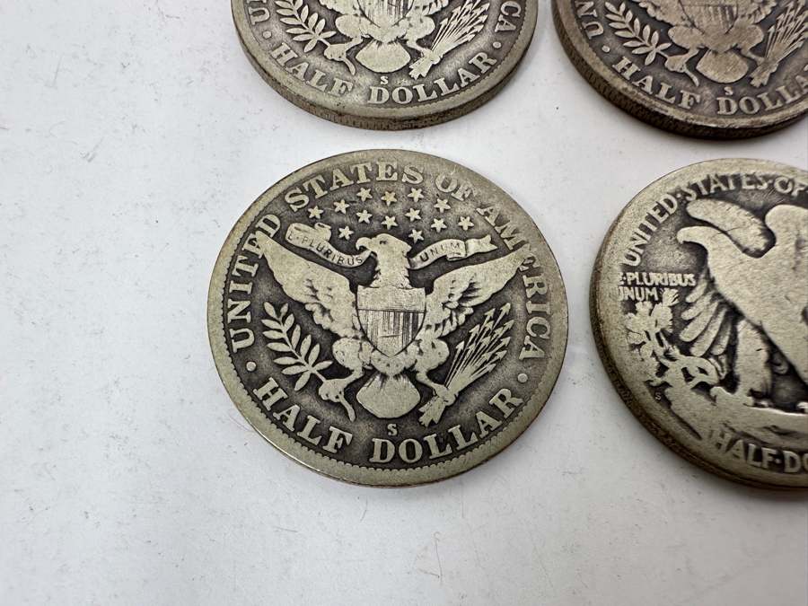 (4) Antique Silver Half Dollars: 1912 Barber Half Dollar, 1914 Barber Half Dollar, 1915 Barber Half Dollar & Unknown Date Walking Liberty Half Dollar [Photo 9]