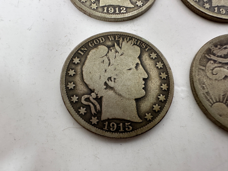 (4) Antique Silver Half Dollars: 1912 Barber Half Dollar, 1914 Barber Half Dollar, 1915 Barber Half Dollar & Unknown Date Walking Liberty Half Dollar [Photo 4]