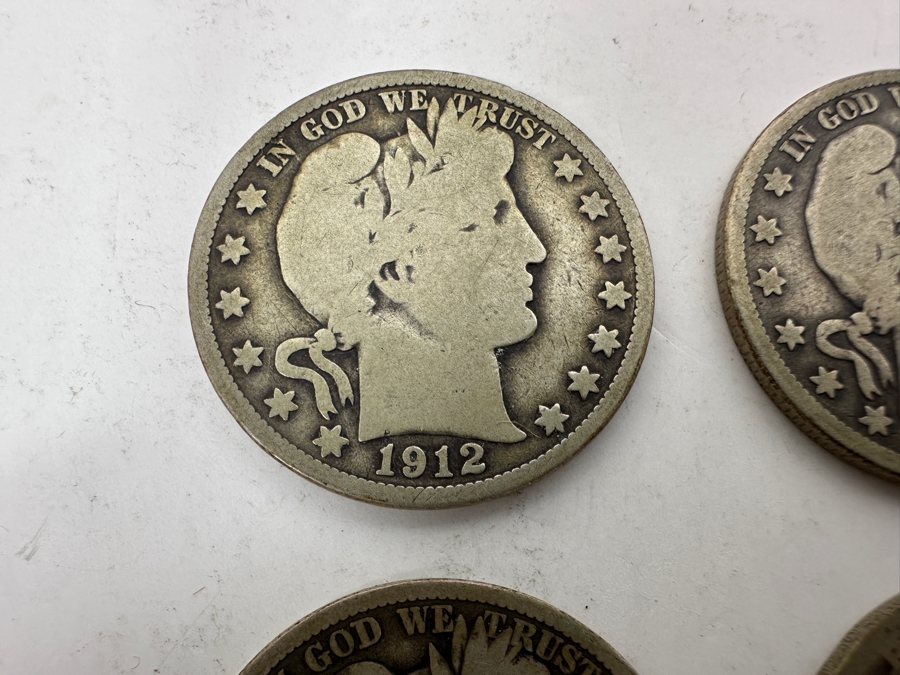 (4) Antique Silver Half Dollars: 1912 Barber Half Dollar, 1914 Barber Half Dollar, 1915 Barber Half Dollar & Unknown Date Walking Liberty Half Dollar [Photo 2]