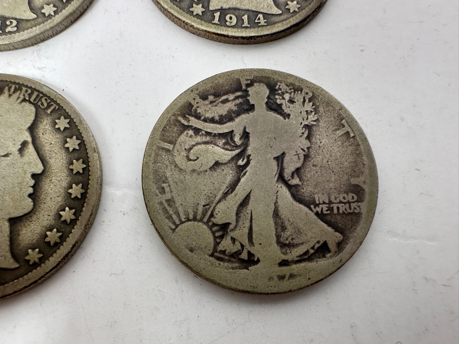 (4) Antique Silver Half Dollars: 1912 Barber Half Dollar, 1914 Barber Half Dollar, 1915 Barber Half Dollar & Unknown Date Walking Liberty Half Dollar [Photo 5]