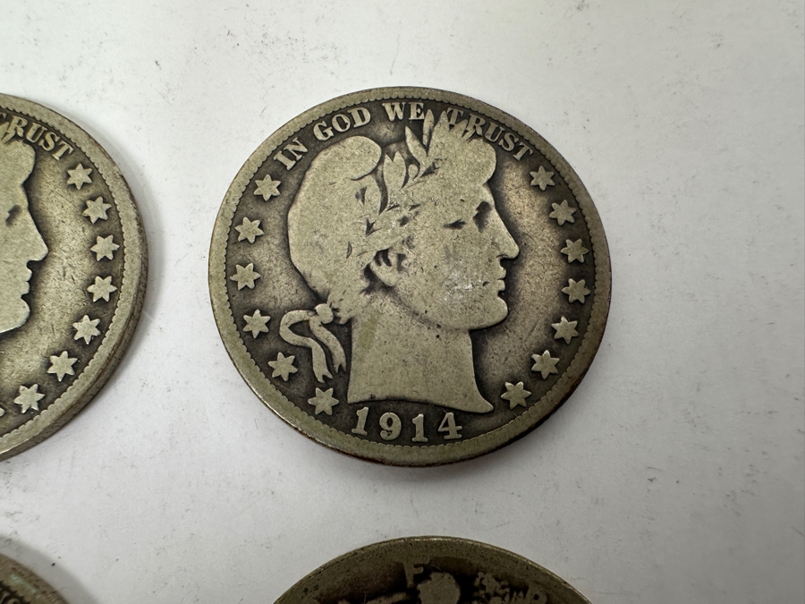 (4) Antique Silver Half Dollars: 1912 Barber Half Dollar, 1914 Barber Half Dollar, 1915 Barber Half Dollar & Unknown Date Walking Liberty Half Dollar [Photo 3]