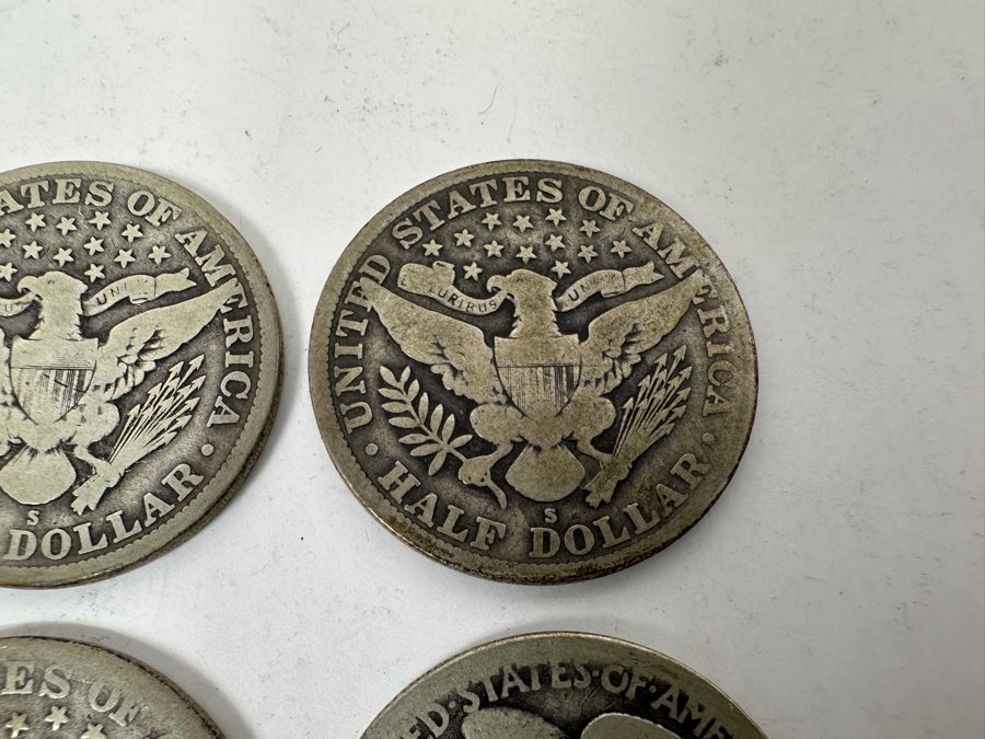 (4) Antique Silver Half Dollars: 1912 Barber Half Dollar, 1914 Barber Half Dollar, 1915 Barber Half Dollar & Unknown Date Walking Liberty Half Dollar [Photo 10]