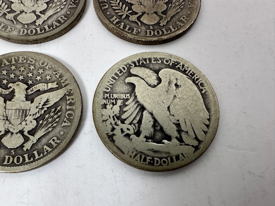 (4) Antique Silver Half Dollars: 1912 Barber Half Dollar, 1914 Barber Half Dollar, 1915 Barber Half Dollar & Unknown Date Walking Liberty Half Dollar [Photo 7]