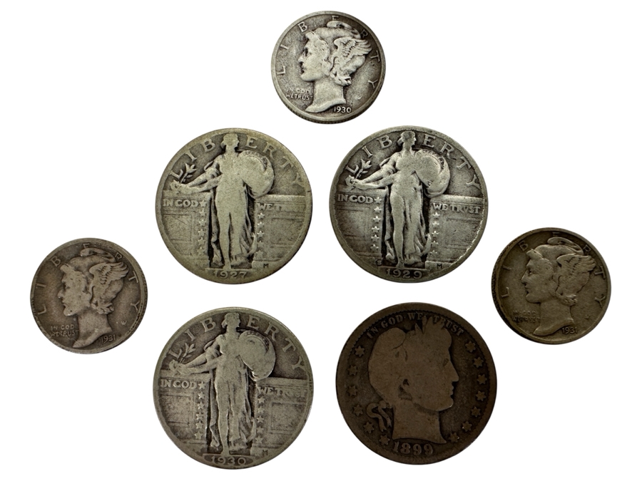 (3) Standing Liberty Silver Quarters From 1927, 1929 & 1930, (1) 1899 Barber Silver Quarter And (3) Mercury Silver Dimes From (2) 1931 & (1) 1930