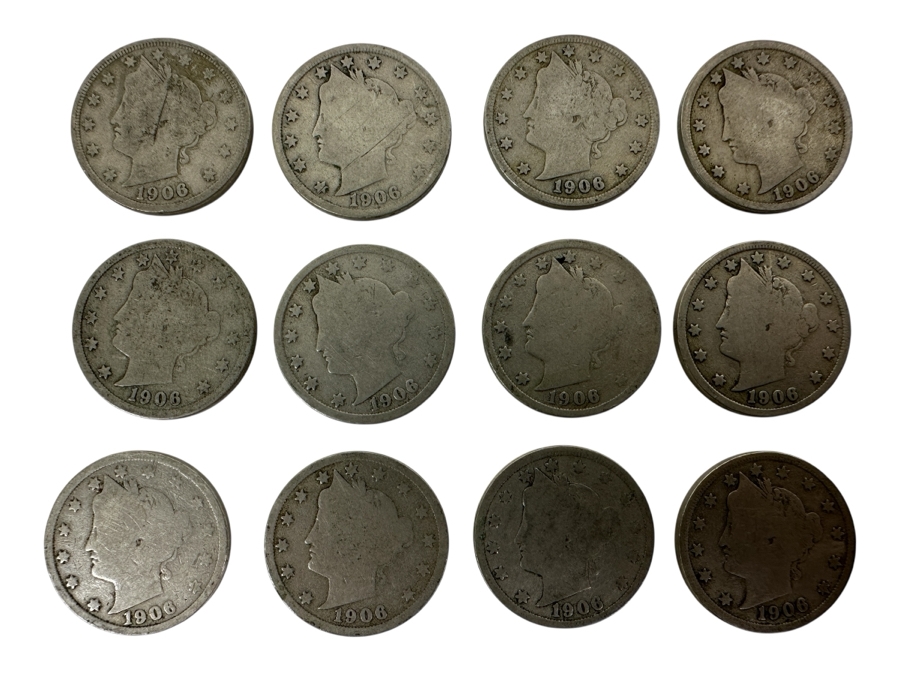 (12) Antique 1906 Liberty Head V Nickels	