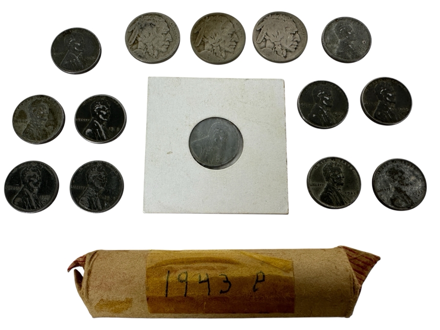Roll Of 1943 P Steel Cents Pennies Plus (9) Steel Cents & (3) Buffalo Nickels