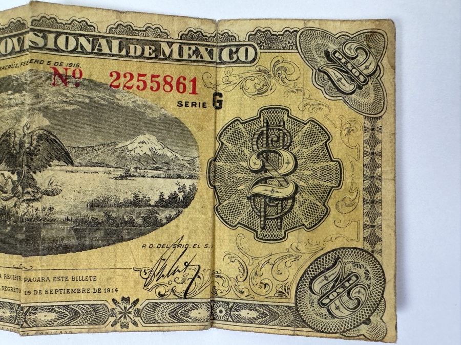 Antique 1914 2 Peso Provisional Government Of Mexico Banknote Currency [Photo 4]