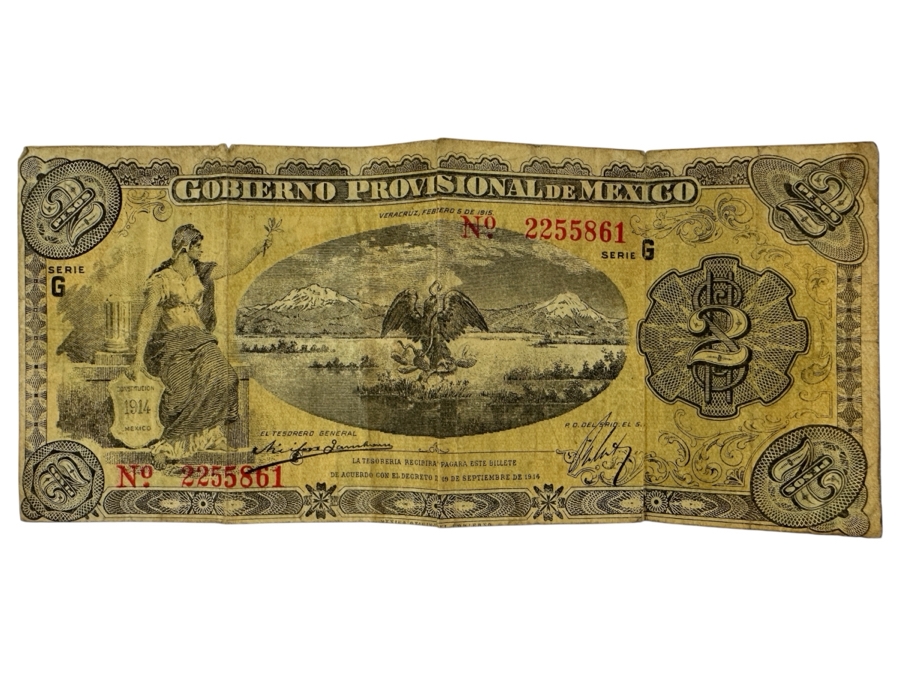 Antique 1914 2 Peso Provisional Government Of Mexico Banknote Currency