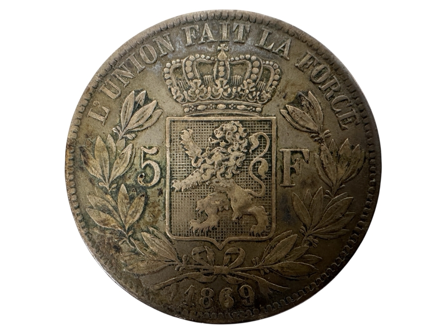 Antique 1869 Belgium 5 Francs Silver Coin Minted During The Reign Of King Leopold II 90% Silver 25g