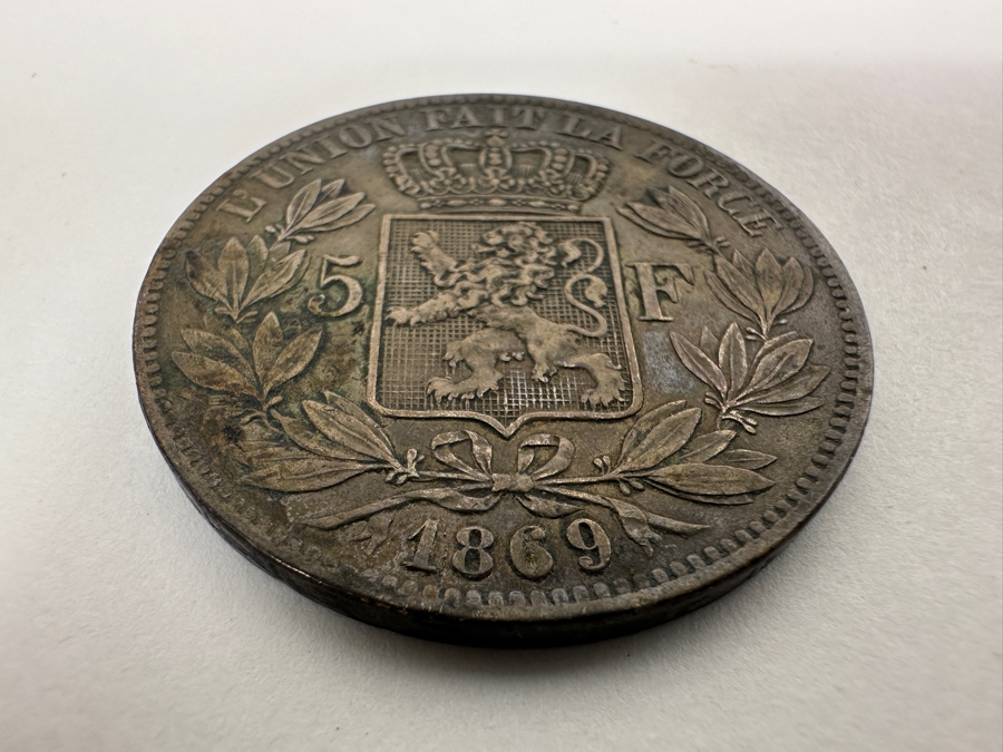 Antique 1869 Belgium 5 Francs Silver Coin Minted During The Reign Of King Leopold II 90% Silver 25g [Photo 6]