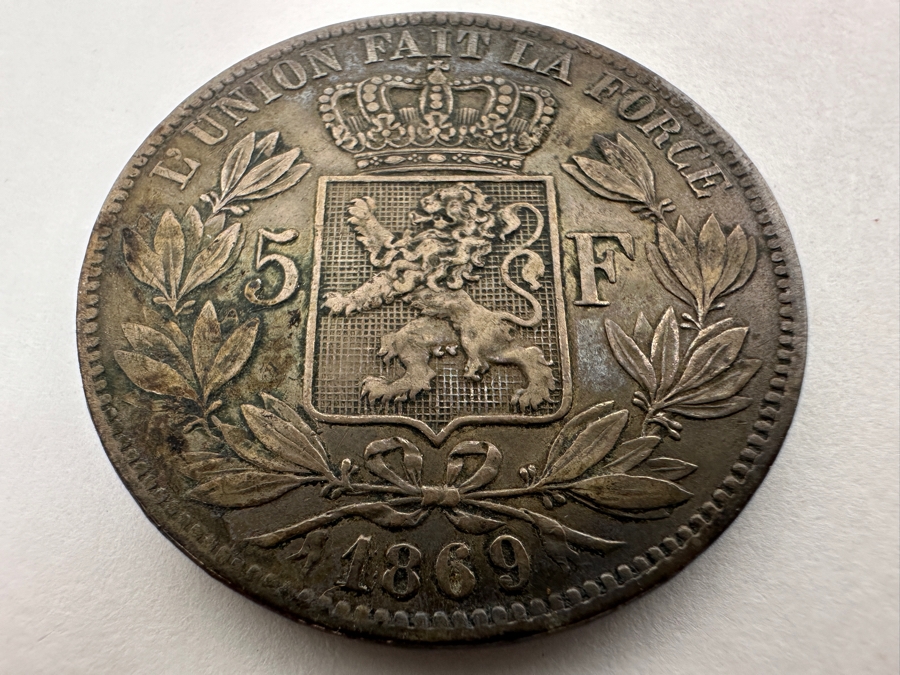 Antique 1869 Belgium 5 Francs Silver Coin Minted During The Reign Of King Leopold II 90% Silver 25g [Photo 5]
