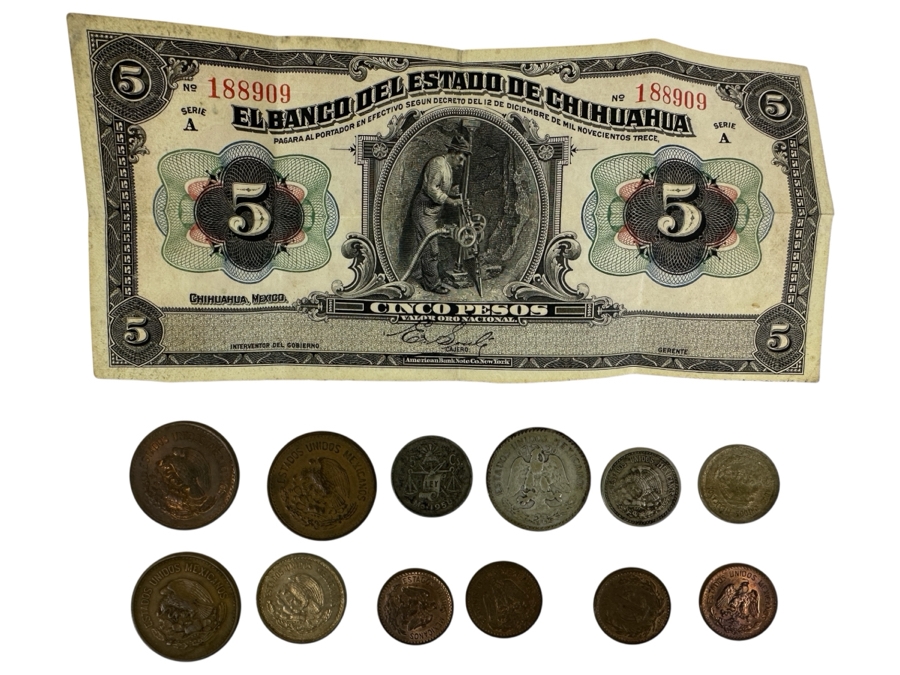 Antique 1913 Bank Of Chihuahua Mexico 5 Peso Banknote Currency Plus Mexican Coins Including Some Silver Coins