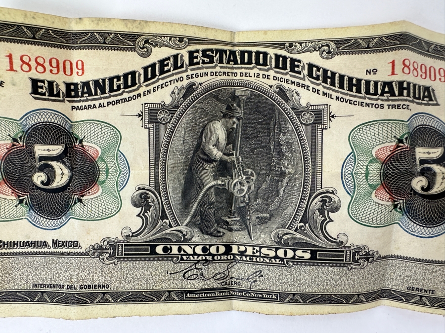 Antique 1913 Bank Of Chihuahua Mexico 5 Peso Banknote Currency Plus Mexican Coins Including Some Silver Coins [Photo 3]