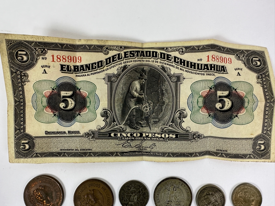 Antique 1913 Bank Of Chihuahua Mexico 5 Peso Banknote Currency Plus Mexican Coins Including Some Silver Coins [Photo 2]