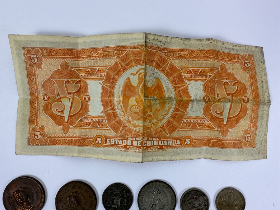 Antique 1913 Bank Of Chihuahua Mexico 5 Peso Banknote Currency Plus Mexican Coins Including Some Silver Coins [Photo 5]