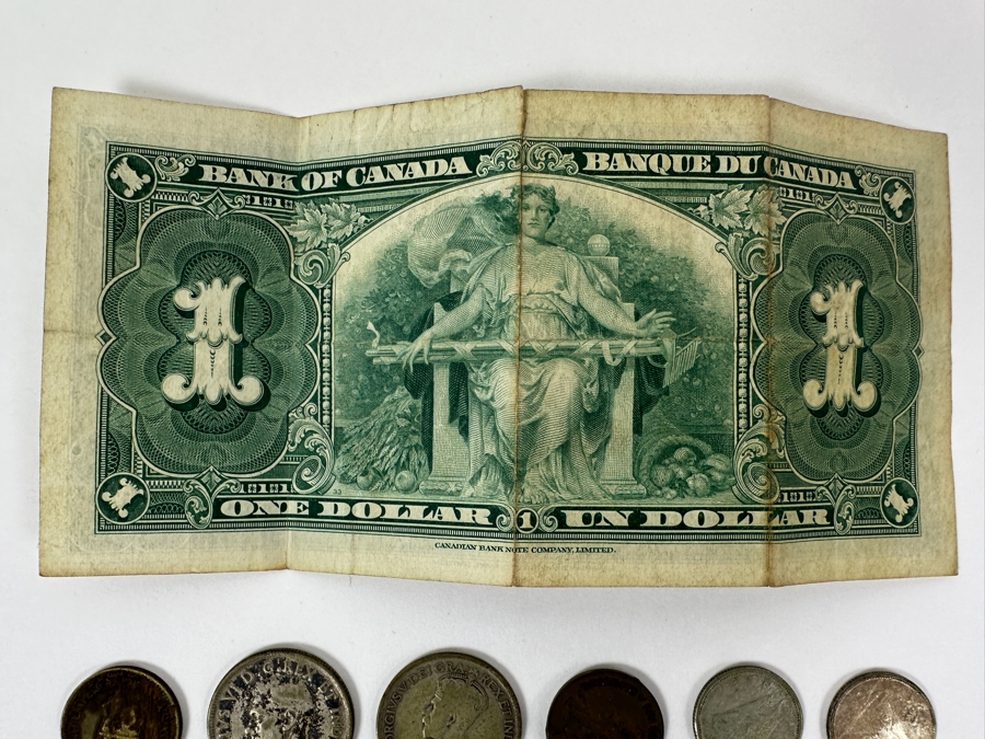 1937 Canadian One Dollar Banknote Currency Featuring King George VI Plus Canadian Coins [Photo 4]