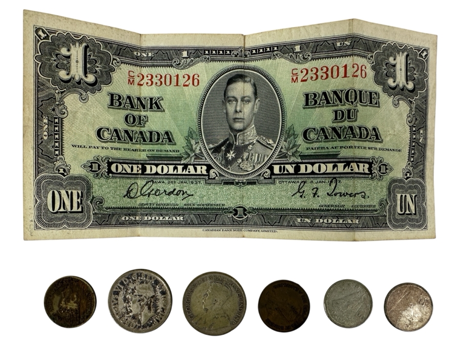 1937 Canadian One Dollar Banknote Currency Featuring King George VI Plus Canadian Coins