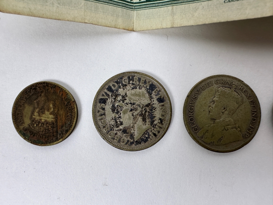 1937 Canadian One Dollar Banknote Currency Featuring King George VI Plus Canadian Coins [Photo 6]