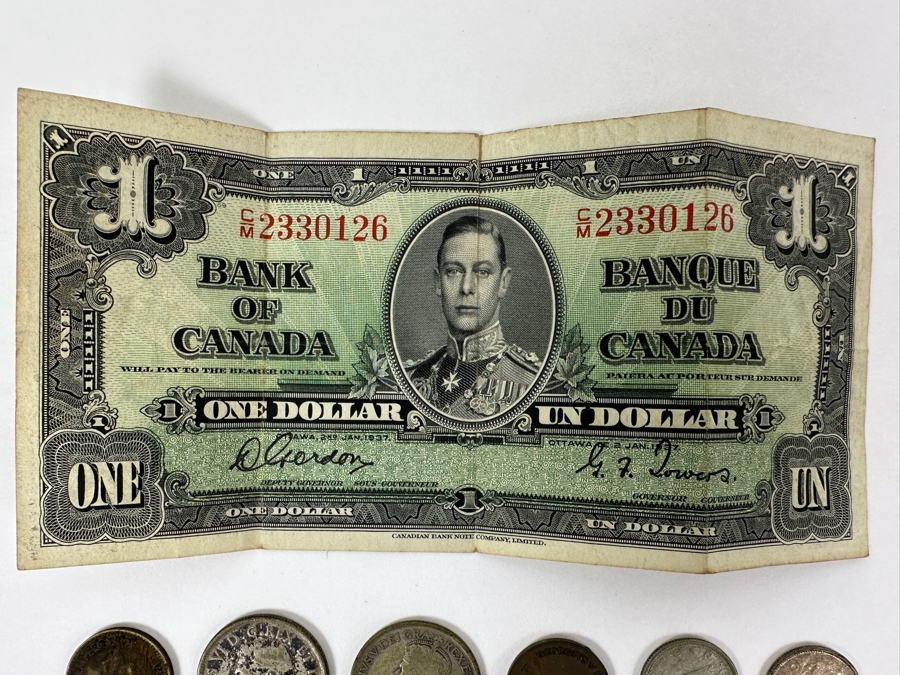 1937 Canadian One Dollar Banknote Currency Featuring King George VI Plus Canadian Coins [Photo 2]
