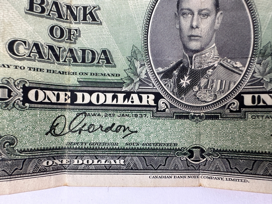 1937 Canadian One Dollar Banknote Currency Featuring King George VI Plus Canadian Coins [Photo 3]
