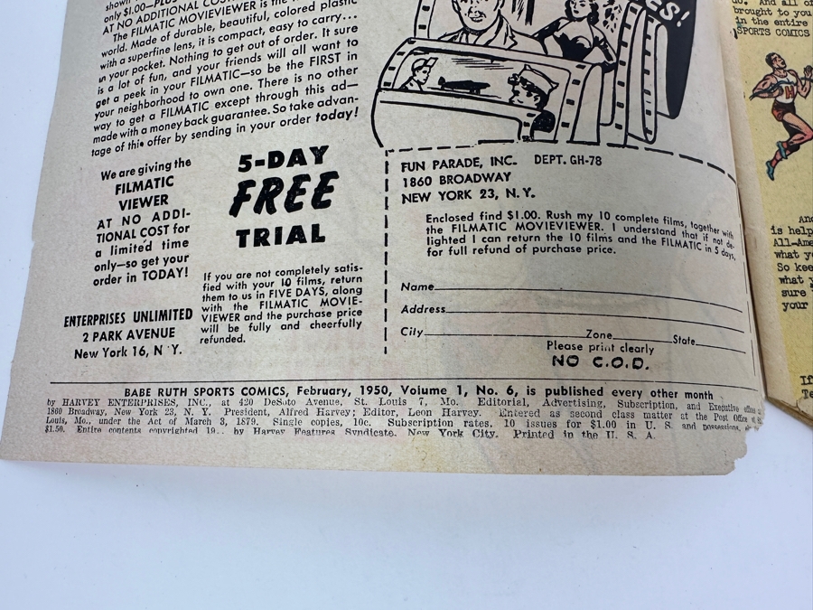 Pair Of Harvey Comics Low Grade Babe Ruth Sports Comic Books Issue #2 & #6 Vintage 1949 & 1950 10 Cent Comic Books [Photo 13]