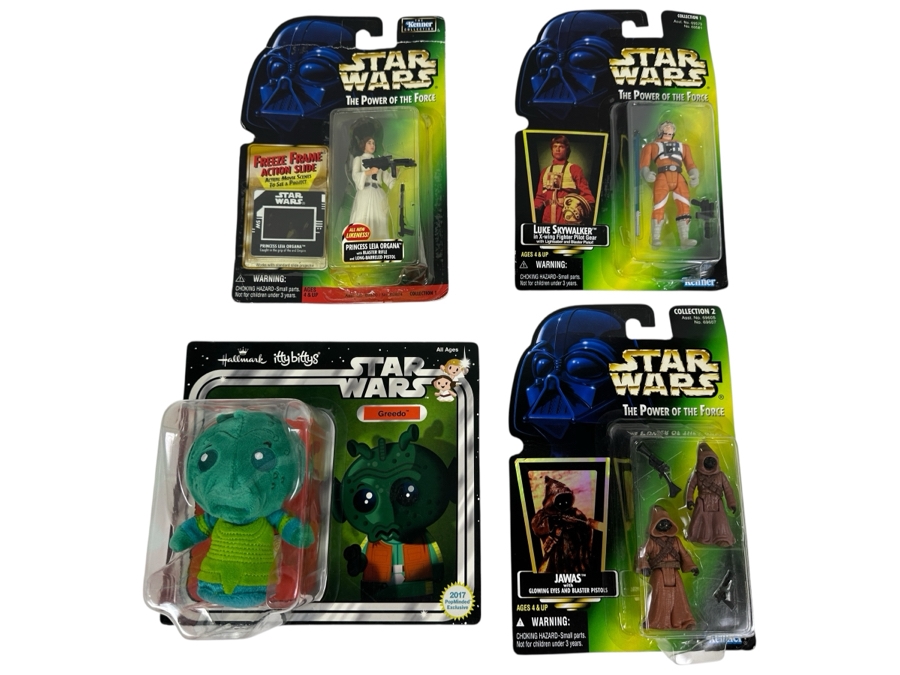 (3) Vintage Star Wars Action Figures: Luke Skywalker, Princess Leia Organa, Jawas & (1) Greedo Plush All Still In Original Blister Packs