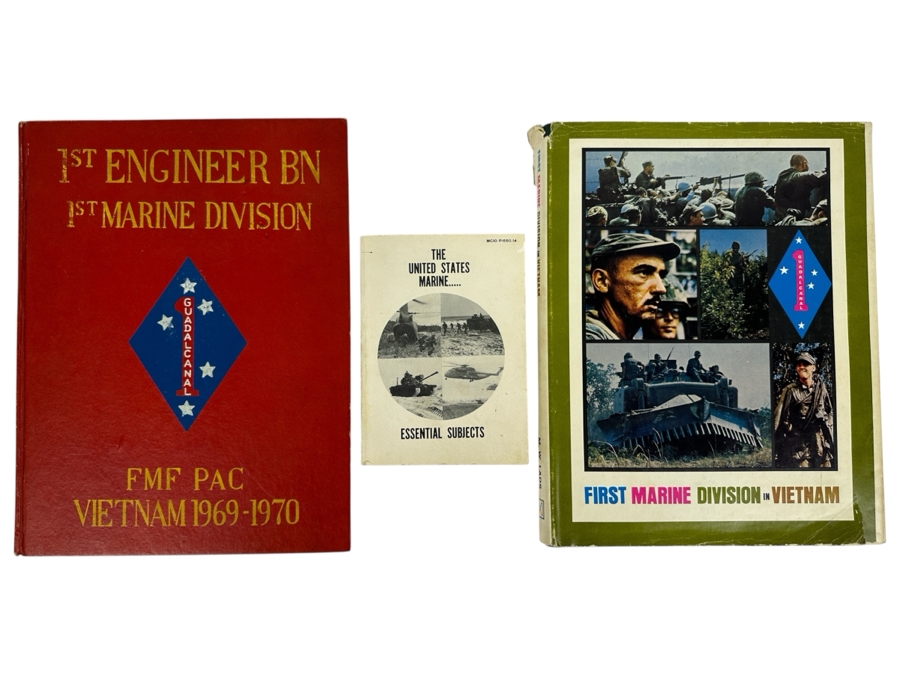 Pair Of First Marine Division In Vietnam Guadalcanal Hardcover Books 1967 & 1969-1970 & The United States Marine Essential Subjects Book