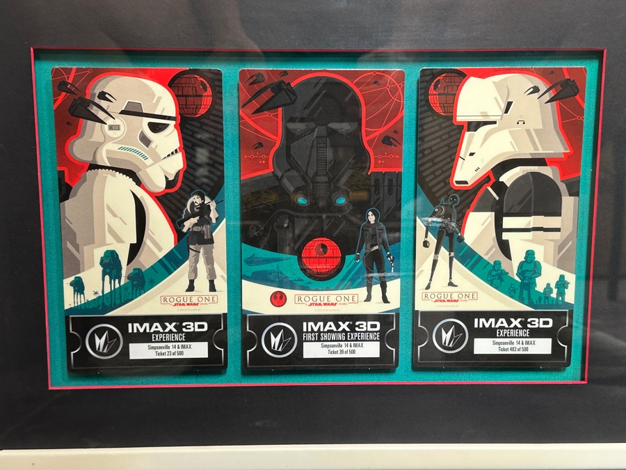 Professionally Shadowbox Framed (3) Star Wars Rogue One IMAX 3D Movie Theater Limited Edition Tickets Limited To 500 Tickets Each 21W X 16H