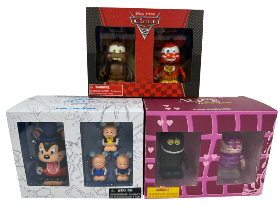 New In Box Vinylmation Vinyl Figurine Sets: (1) Disney Set Limited To 1,200, (1) Walt Disney's Alice In Wonderland Set Limited To 2,500 And (1) Cars 2 Set