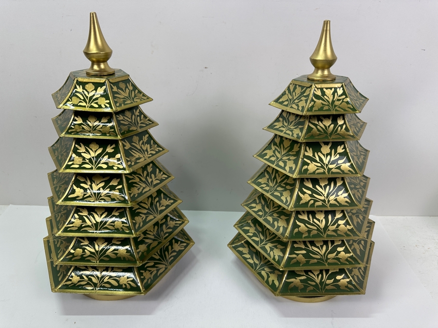 Pair Of Fabulous Enchanted Home Green/Gold Metal Chinoiserie Christmas Trees 12'H Retails $160 [Photo 3]