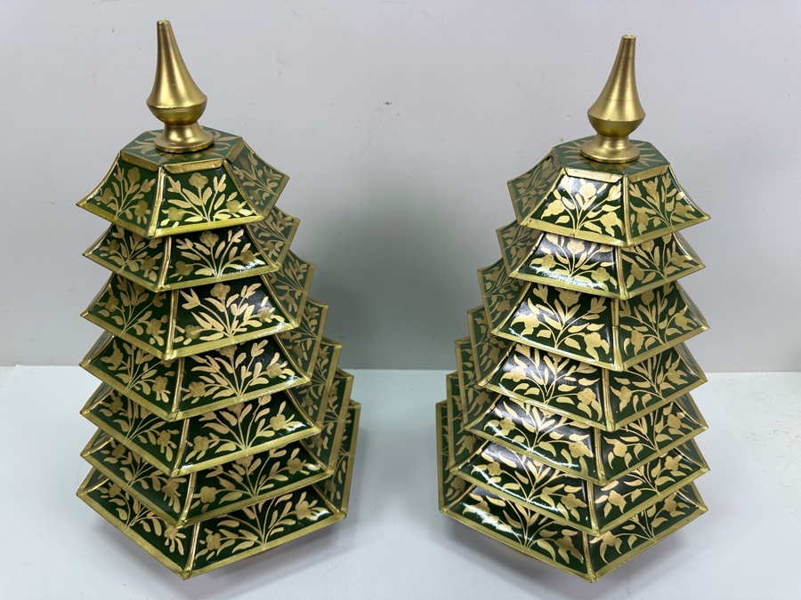 Pair Of Fabulous Enchanted Home Green/Gold Metal Chinoiserie Christmas Trees 12'H Retails $160 [Photo 5]