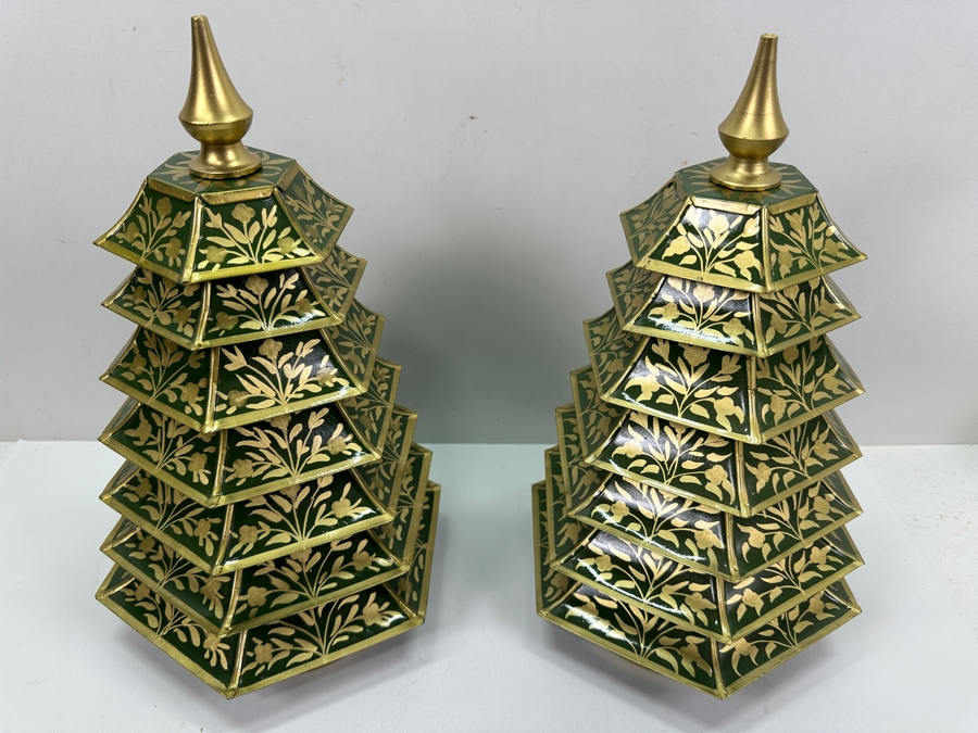 Pair Of Fabulous Enchanted Home Green/Gold Metal Chinoiserie Christmas Trees 12'H Retails $160 [Photo 4]
