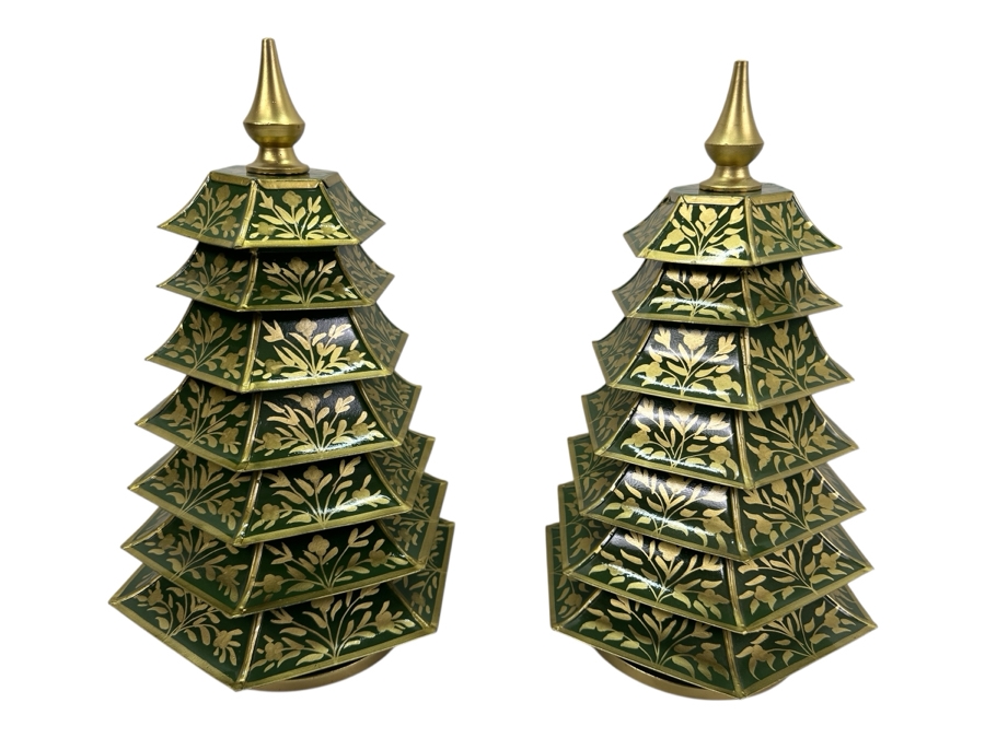 Pair Of Fabulous Enchanted Home Green/Gold Metal Chinoiserie Christmas Trees 12'H Retails $160 [Photo 1]