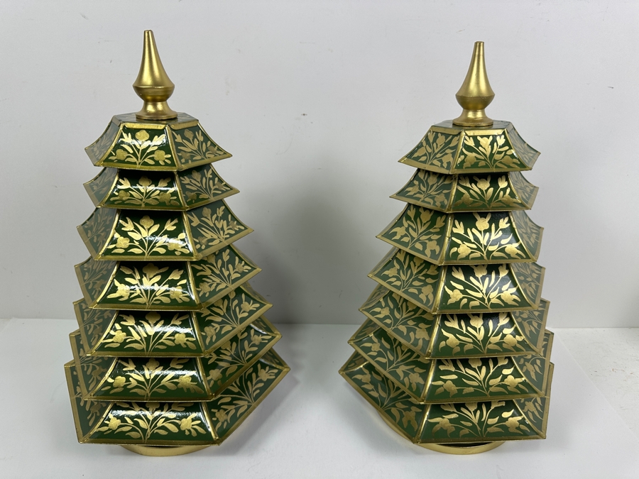 Pair Of Fabulous Enchanted Home Green/Gold Metal Chinoiserie Christmas Trees 12'H Retails $160 [Photo 2]