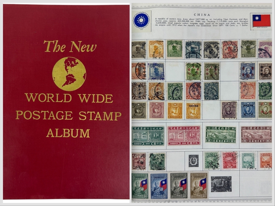 The New World Wide Postage Stamp Album Featuring Postage Stamps From Around The World Including China & Germany - See Photos For Sampling (Not All Stamps Are Photographed)