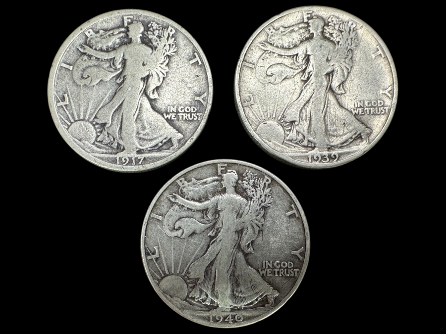 Just Added - (3) Standing Walking Liberty Silver Half Dollars: 1917, 1939 & 1940 S