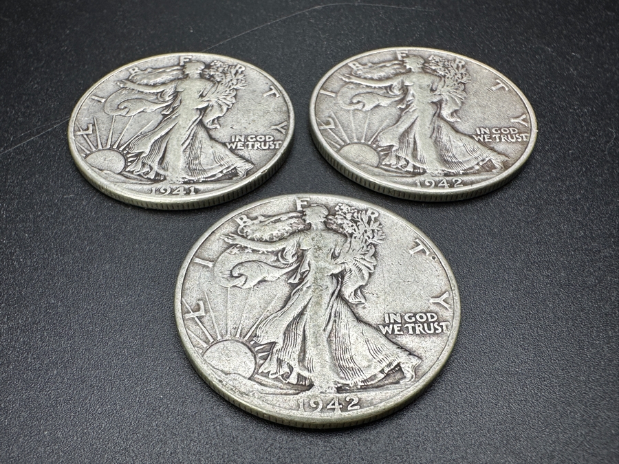 Just Added - (3) Standing Walking Liberty Silver Half Dollars: 1941, (2) 1942 [Photo 5]