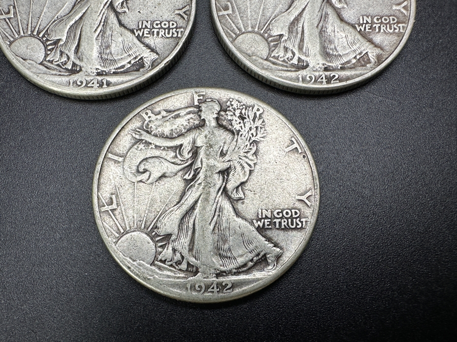 Just Added - (3) Standing Walking Liberty Silver Half Dollars: 1941, (2) 1942 [Photo 4]